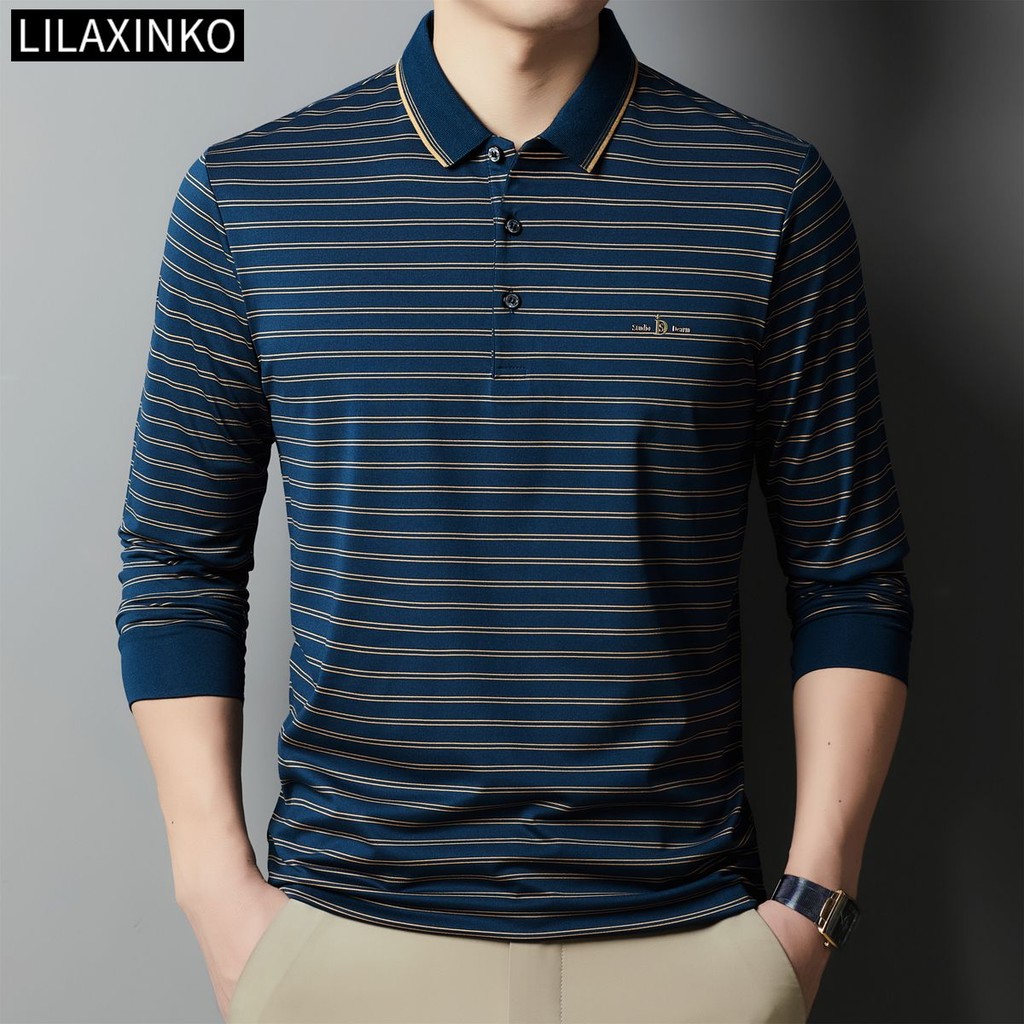 เสื้อโปโลผู้ชายเสื้อผ้าลายทางพื้นฐานแขนยาวเสื้อยืดเสื้อด้านบนลําลองคลาสสิกแฟชั่น