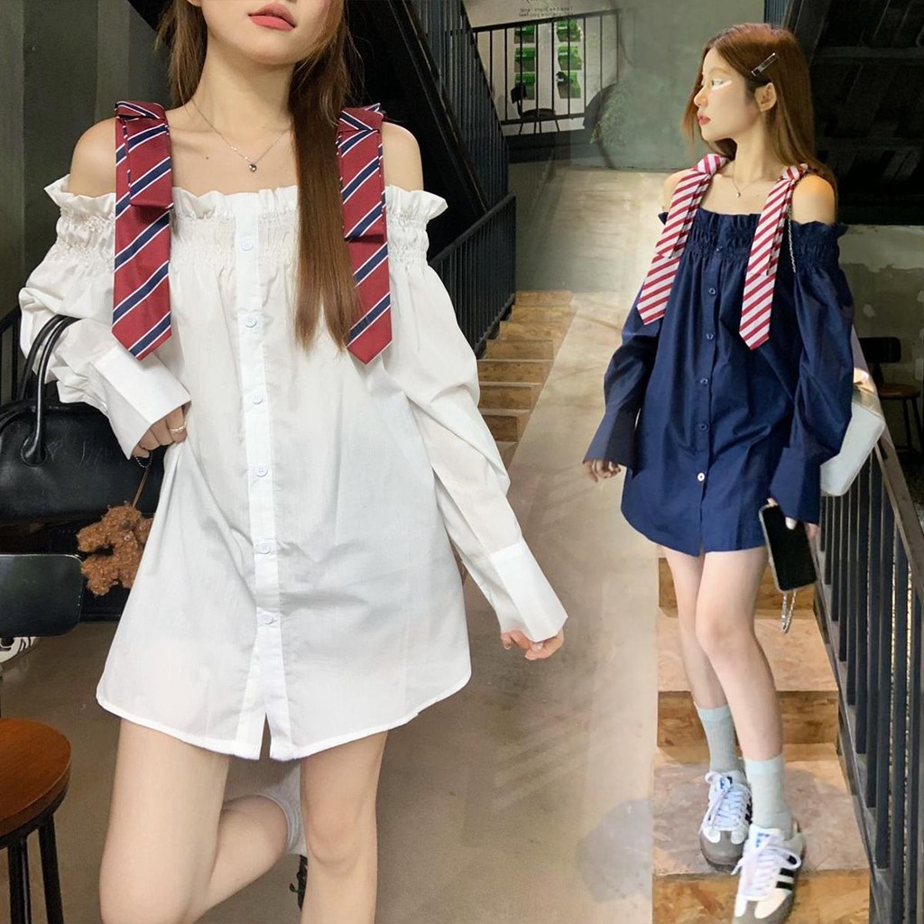 Chili Koko เสื้อเชิ้ตแขนยาวเปิดไหล่สไตล์เกาหลี สีตัดกัน เสื้อผ้าผู้หญิง ดีไซน์แขนยาวเปิดไหล่ สายผูกโบว์ w633