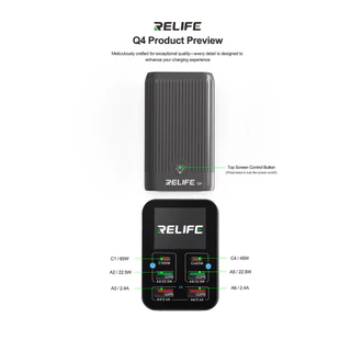 RELIFE Q4 Fast Charger 6-Port 72W Dual PD Dual QC TFT HD หน้าจอสีสําหรับโทรศัพท์มือถือแท็บเล็ต 6-Port Desktop Charger