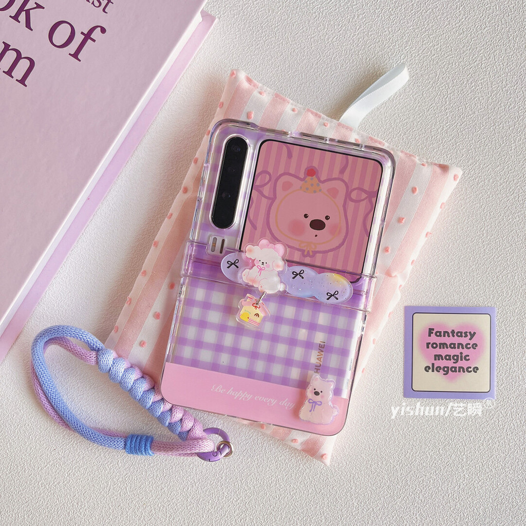 เหมาะสําหรับ Samsung Galaxy Z Flip7 Flip6 Flip5 5G เกาหลีโปร่งใสลายสก๊อตสีม่วงลูกสุนัขเคสโทรศัพท์ Lanyard เปลือกพับสําหรับ Zflip4 MixFlip N3Flip ฝาครอบป้องกัน