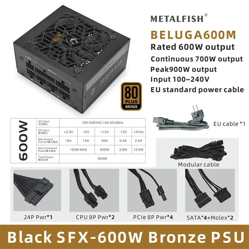 METALFISH SFX 80Plus Bronze 500/600W PSU สีดําแหล่งจ่ายไฟ Full-Modular สําหรับ Mini ITX แชสซีคอมพิวเ