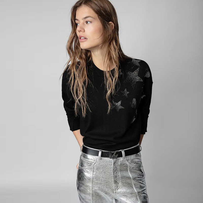I9YM ZADIG&VOLTAIRE 22Autumn and Winter New French Niche Star Heart Rhinestone Black100Cashmere Knit