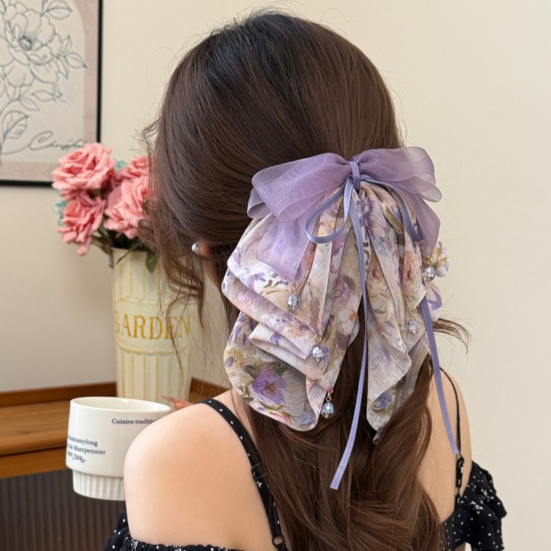 หางม้าคลิปดอกไม้โบว์ สีม่วง ผ้าชีฟอง ริบบิ้น สไตล์ใหม่ทันสมัย
