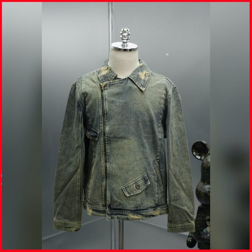 [DENIM GUANG ZHOU] เสื้อแจ็คเก็ตยีนส์ขาดทองแดงล้างสําหรับผู้ชายพร้อมปลอกคอซิปคุณภาพสูง, Hottrend AK-