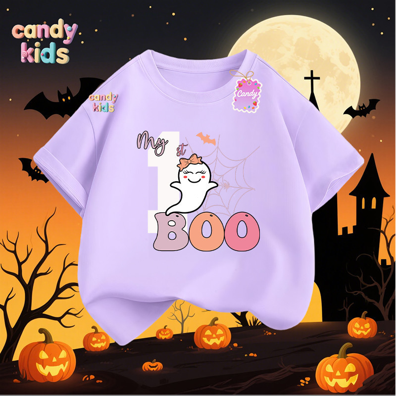 Halloween เสื้อยืดแขนสั้นสำหรับเด็กผู้หญิง ลายลูกอม Halloween ไซส์กลางถึงใหญ่