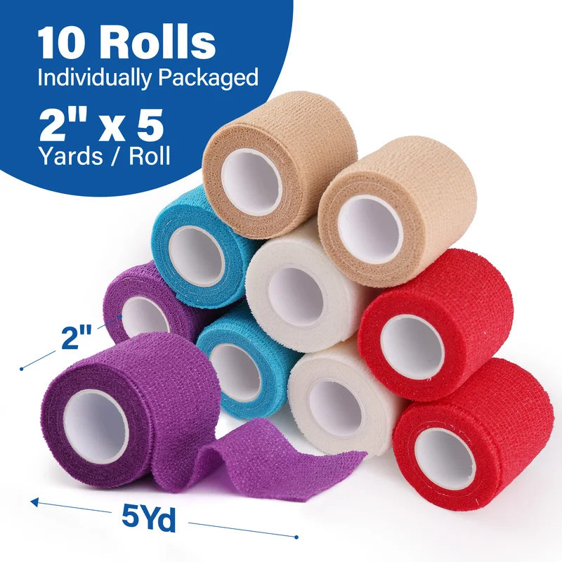 10 Rolls 2'' Self Adherent Cohesive Bandage Wrap Stretch Non Woven Self Adhesive Tape - Mixed Color 
