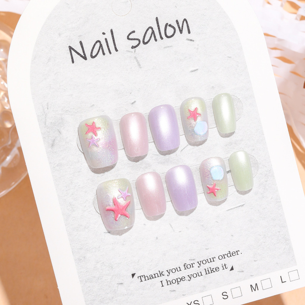 M652 เล็บปลอม 10 ชิ้นพร้อมการออกแบบตาแมว, สีทึบและเรียบง่ายเล็บปลอมพร้อมเจลเยลลี่