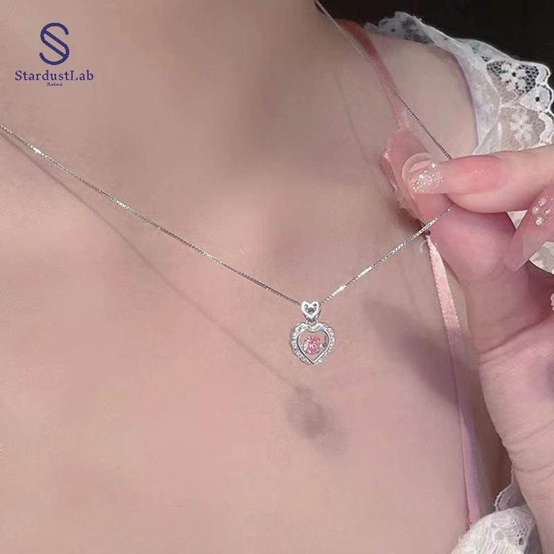 StardustLab แฟชั่น Vintage Hollow สีชมพูคริสตัลจี้หัวใจเงินสีสร้อยคอสร้อยคอสําหรับผู้หญิงงานแต่งงานค