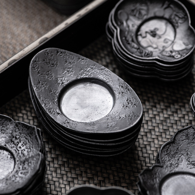 古ปาล์มถ้วยเสื่อ สูง-โลหะ ชาผู้ถือหวีโบราณดีบุก Coaster High-grade ชาผู้ถือชา Handmade Hammered Old C