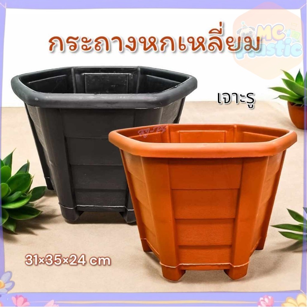 กระถางพลาสติก ทรงหกเหลี่ยม ขนาด กว้าง 12 นิ้ว มี2สี ส่งทุกวัน