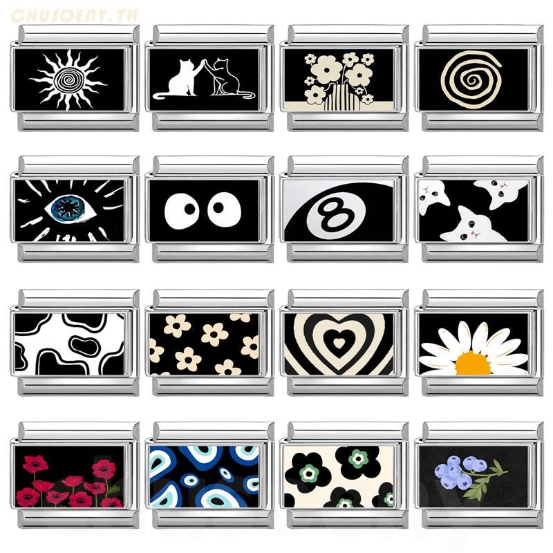 สร้อยข้อมือสแตนเลส สไตล์ดอกไม้อิตาเลียนสีดำ ขนาด 9 มม., เครื่องประดับเพิ่มความสวยงาม