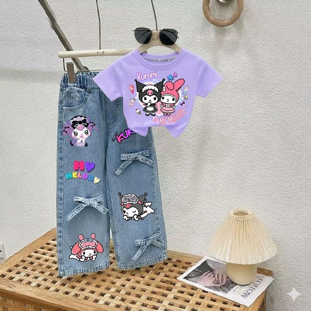 PINKชุดเซ็ทเด็ก เสื้อสกรีนลาย+กางเกงยีนส์แท้สกรีนลายแต่งโบว์
