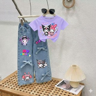 PINKชุดเซ็ทเด็ก เสื้อสกรีนลาย+กางเกงยีนส์แท้สกรีนลายแต่งโบว์