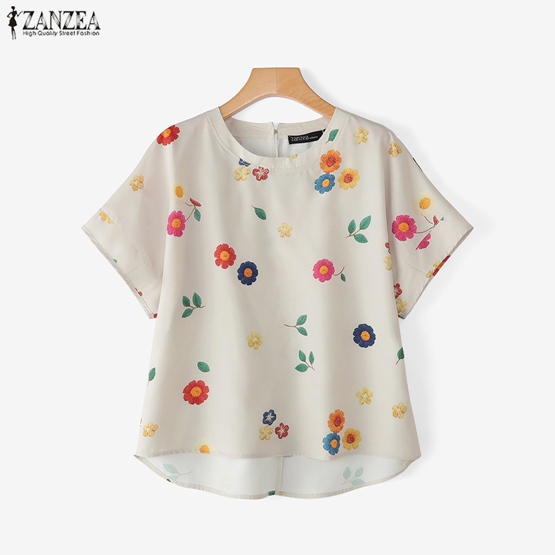 ZANZEA เสื้อเบลาส์คอกลมแขนสั้นลายดอกไม้ สไตล์เกาหลีสำหรับผู้หญิง