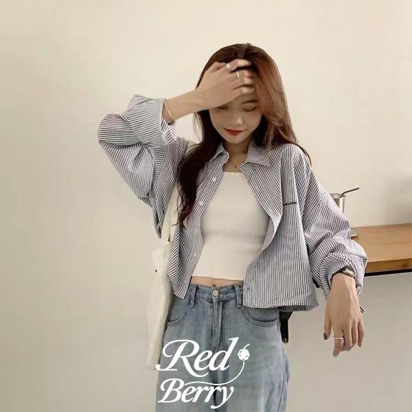 Red Berryแจ็คเก็ตกันแดดบางสำหรับผู้หญิง เสื้อครอปแขนยาวลายทาง เสื้อคาร์ดิแกน เสื้อเชิ้ตฤดูร้อนW521