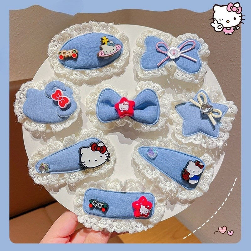 กิ๊บติดผม Hello Kitty ลาย Denim และ Lace แบบไม่ลื่น เหมาะสำหรับเด็กผู้หญิง เป็นของขวัญเครื่องประดับผมที่น่ารัก