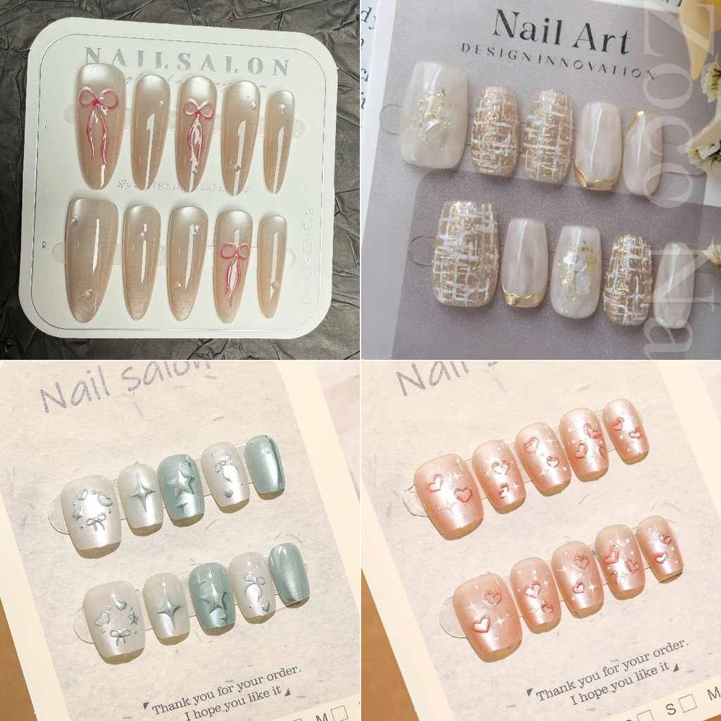 499-51910PCS เล็บปลอมรูปอัลมอนด์ชุดต่อเล็บกดบนเล็บ Cat Eye