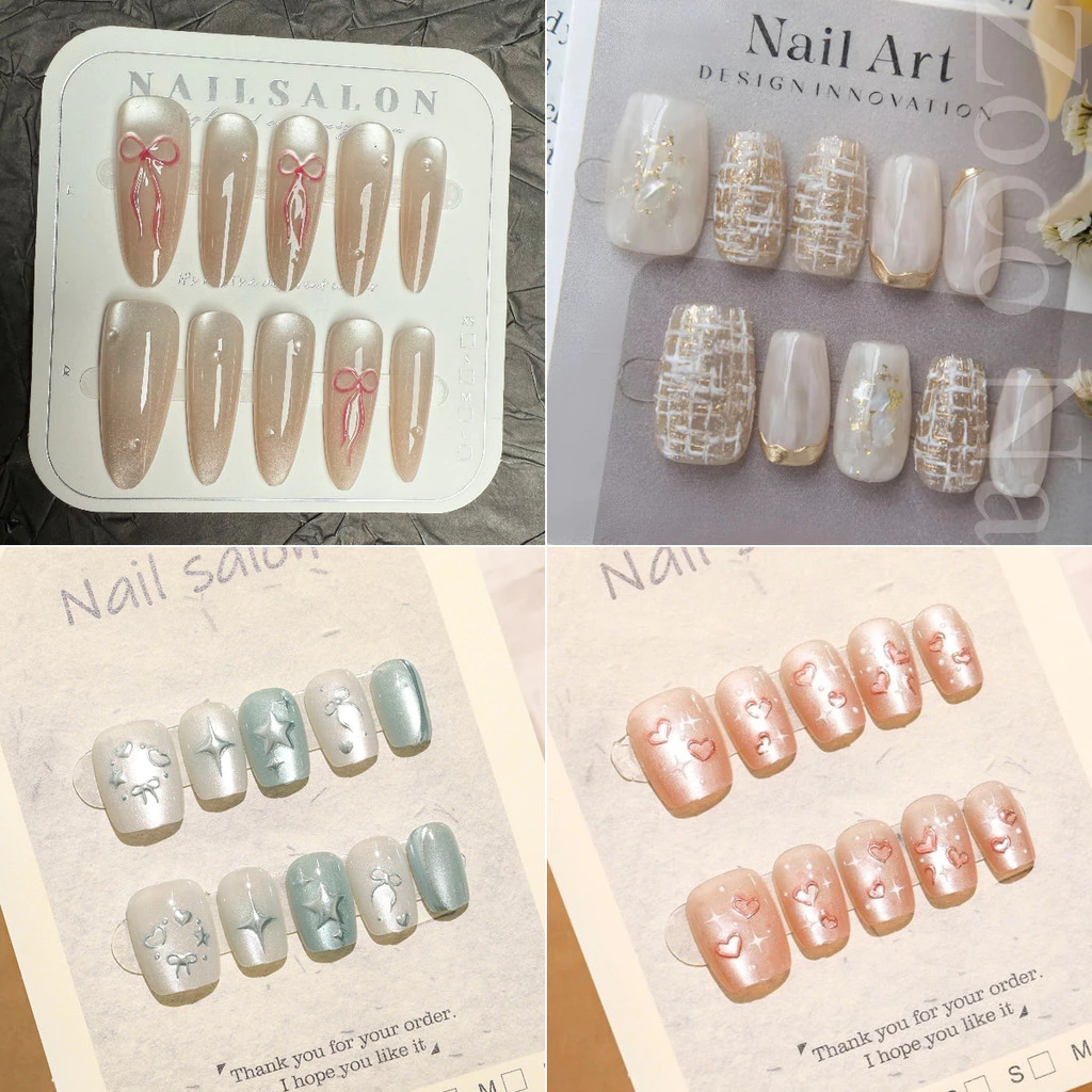 499-51910PCS เล็บปลอมรูปอัลมอนด์ชุดต่อเล็บกดบนเล็บ Cat Eye