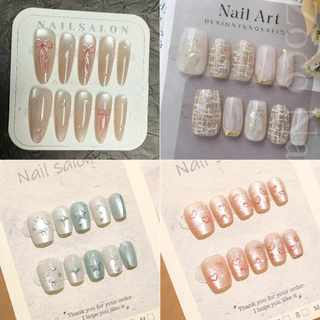 499-51910PCS เล็บปลอมรูปอัลมอนด์ชุดต่อเล็บกดบนเล็บ Cat Eye