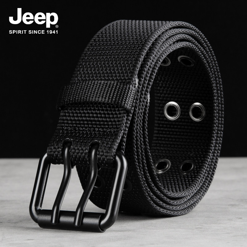 JEEP JEEP ของแท้เจาะรูฟรีเข็มขัดหมุดสีดําหัวเข็มขัดเข็มขัดกว้างเข็มขัดผ้าใบเข็มขัดชายอินเทรนด์เรียบง