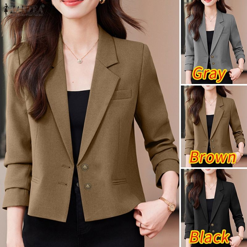 ZANZEA Blazers สไตล์เกาหลีสำหรับผู้หญิงทำงาน ออกแบบแขนยาว สีพื้นปิดหน้าเดียว — صورة 3