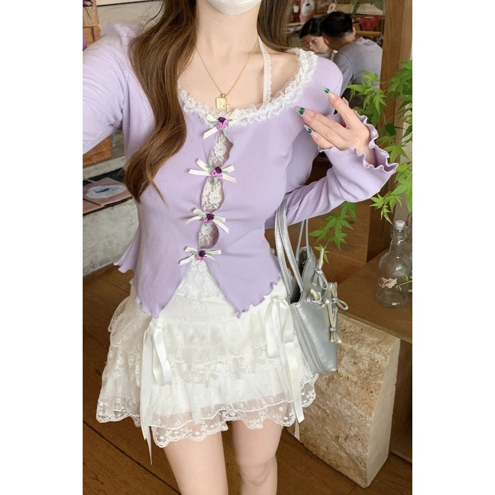 优好物!Tuber Bra纯棉秋冬内衣套装妈妈妈妈妈妈妈妈妈妈妈妈妈上衣Pure Desire Lace Stitching Bow เสื้อยืดแขนยาวผู้หญิง Morningqr