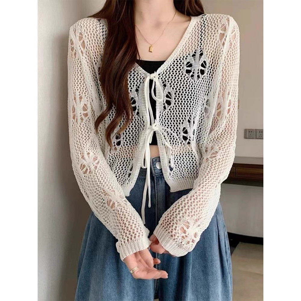 Vogue🌟พร้อมส่ง🌟 เสื้อคาร์ดิแกนแขนยาวสีใส ผ้าบางเบาซีทรู ผูกเชือกเก๋ๆ เป็นเสื้อกันแดดได้ (31056) - รูปที่ 7