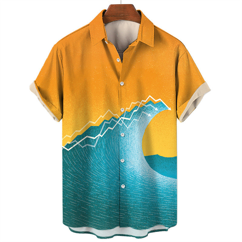 เสื้อเชิ้ตแขนสั้น SEA คอปกพิมพ์ลาย 3D Sea Wave Hawaii สไตล์แฟชั่นสําหรับผู้ชาย Y2K