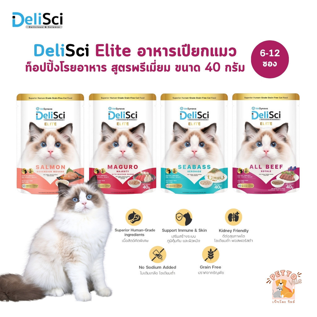 DeliSci Elite [6-12 ซอง] อาหารเปียกแมว ท็อปปิ้งโรยอาหาร สูตรวัตถุดิบพรีเมียม ขนาด 40 กรัม