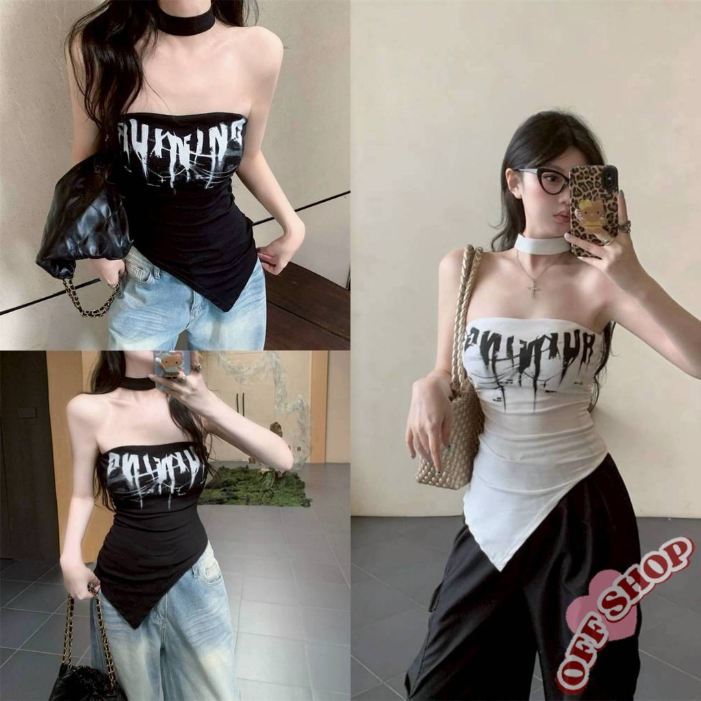 OFF SHOP 🥻ใหม่ 2025 เสื้อเกาะอกคล้องคอ เท่ๆ เกาหลีสไตล์สกีนลายตัวอักษร สีพื้นขาวดำ มีฟองน้ำ อเนกประสงค์' FY5583 สีดำ