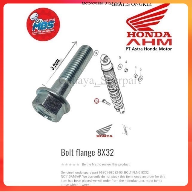 1 ชิ้น BOLT FLAANGE M8 32 มม. 95801-08032-00 REAR SHOCK BOLT HONDA PCX ADV VARIO. 3.2ซม. LONG SHOCKB