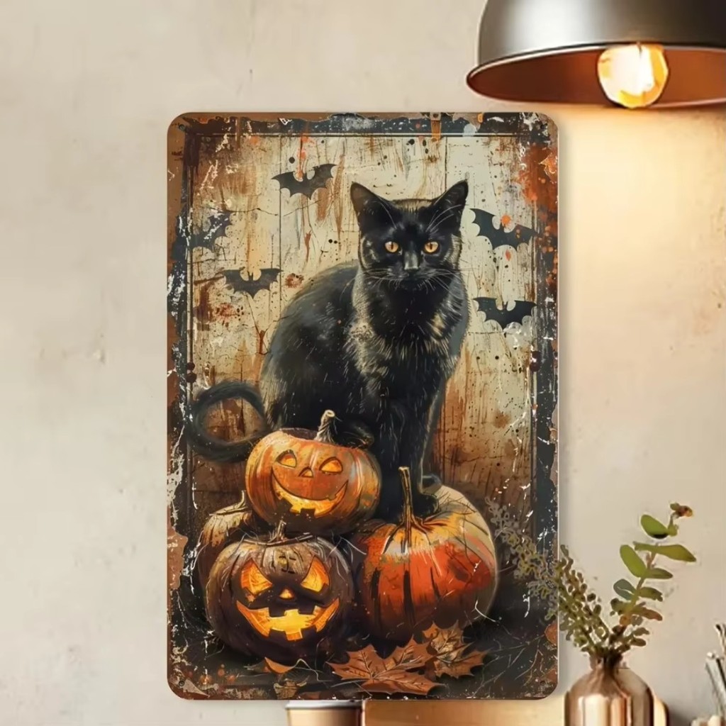 CIFbuy Vintage 2D Metal Wall Art Sign - การออกแบบฟักทองและแมวย้อนยุคพร้อมแจ็คนูน-O-Lantern สําหรับ H
