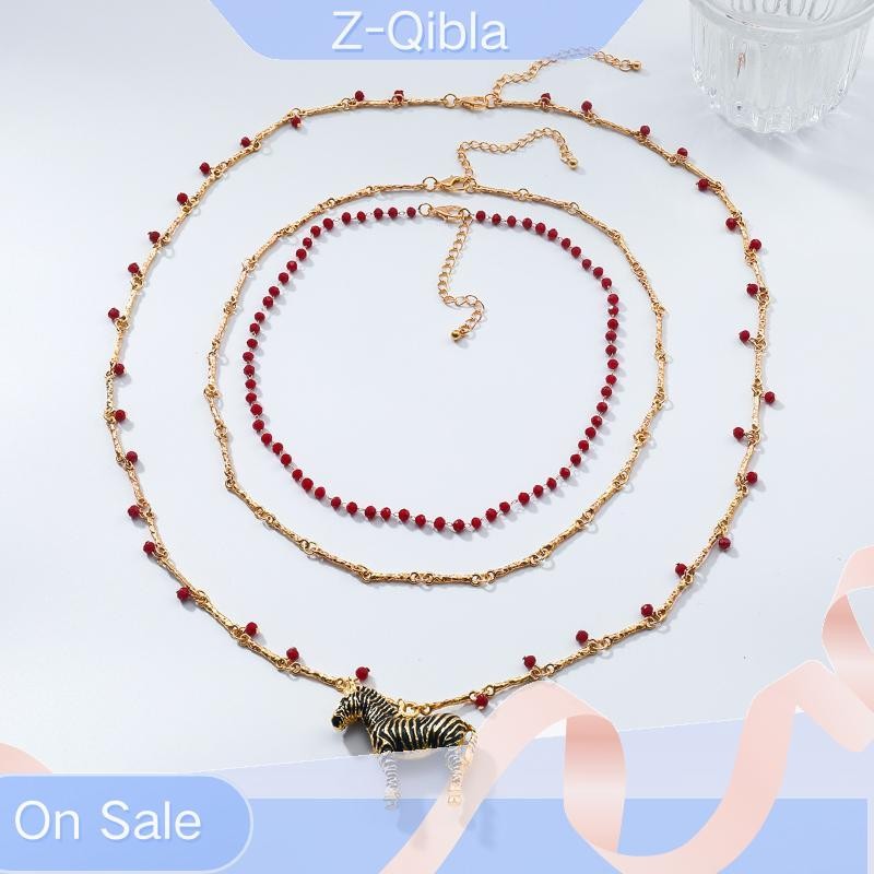 [Z-Qibla-t] แฟชั่นผู้หญิงเครื่องประดับ Vintage โลหะ Zebra จี้ Layered ลูกปัด Chain Link สร้อยคอหรูหร