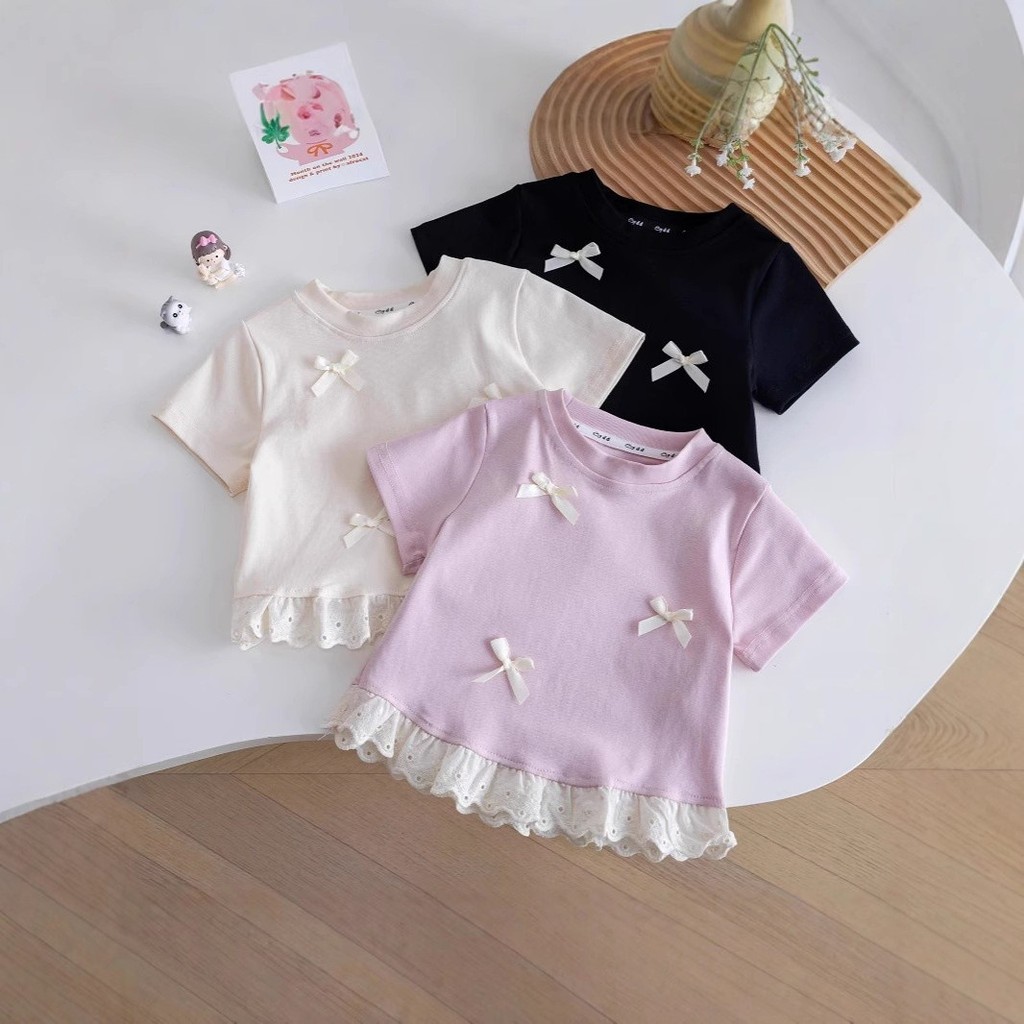 Girls Short Sleeve T-Shirt New Summer Style Comfortable Fabric Decorated with Fashion Bow + Lace Des