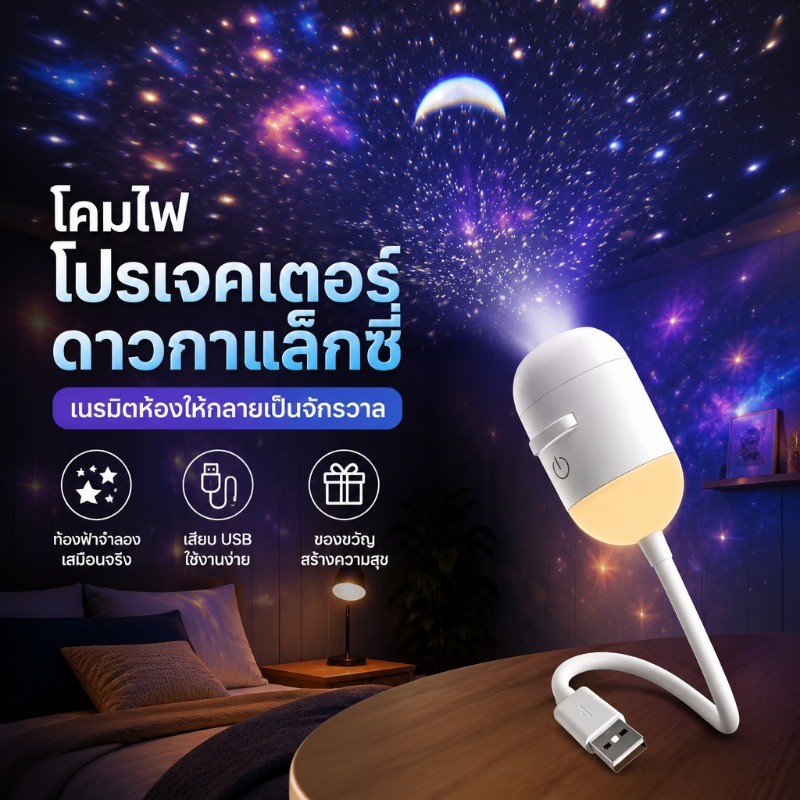 โคมไฟโปรเจคเตอร์ดาวเหนือแห่งความฝัน ไฟกลางคืนสำหรับเด็ก โคมไฟนอน มีพอร์ต USB สร้างบรรยากาศและความรู้สึกดื่มด่ำ
