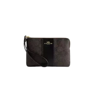 Coach Corner Zip Wristlet In Signature Canvas Walnut Black | ของแท้ ตรวจสอบโดย SASOM