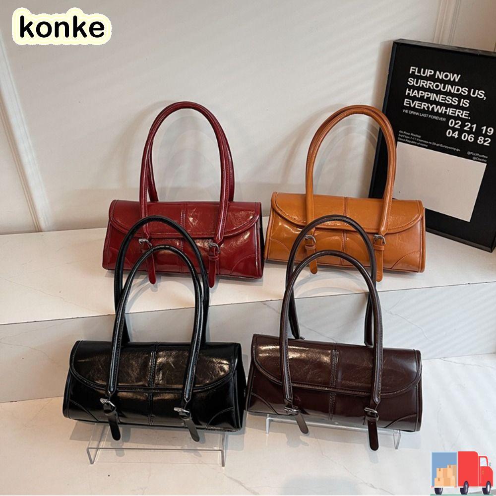 KONKE กระเป๋าใต้วงแขน, กระเป๋าสะพายหนัง PU สีเบอร์กันดี, กระเป๋าโท้ตสุภาพสตรีหัวเข็มขัดแม่เหล็กคุณภาพสูงใช้ทุกวัน