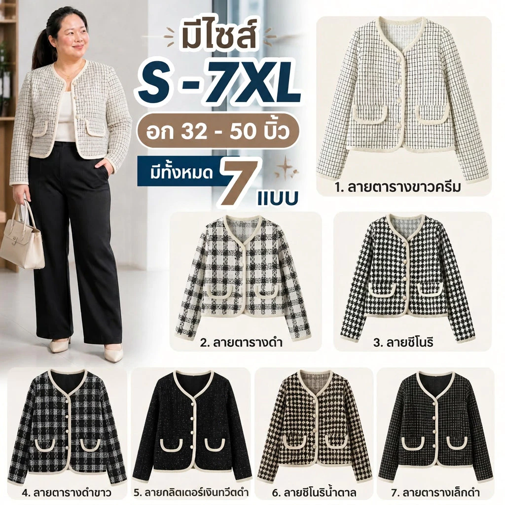 เสื้อคลุมทวิตแขนยาว มีไซส์ S-7XL ดีเทลแต่งกระดุมมุข เก๋ๆ ชิคๆ แนวสไตล์เกาหลี แฟชั่นฤดูหนาว ทรงสวยหรูหรามาก