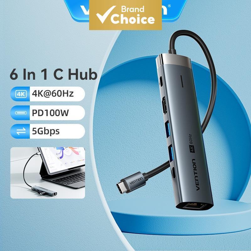 Vention 6-in-1 สถานีเชื่อมต่อ Type C แบบพกพา รองรับจ่ายไฟ 100W พอร์ต USB3.0 ความเร็ว 5Gbps HDMI 4K สําหรับแล็ปท็อป