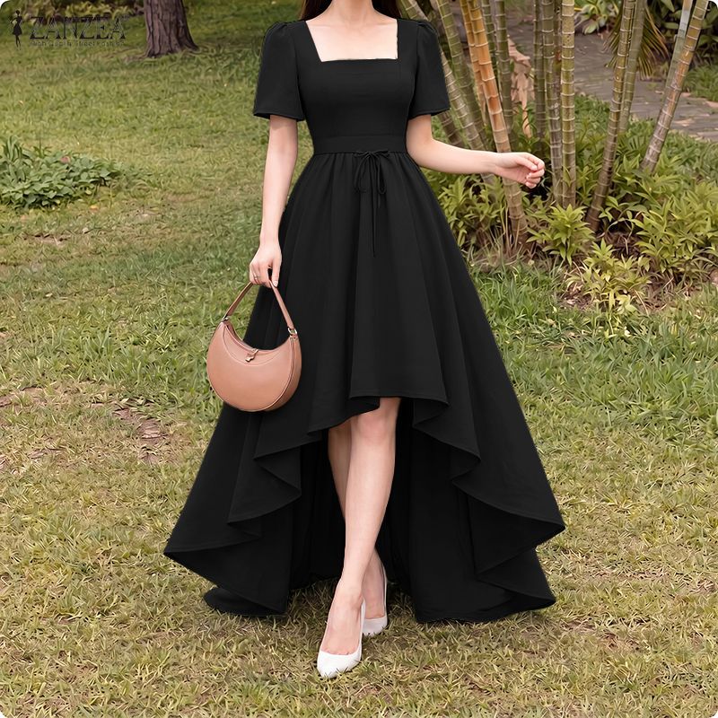 ZANZEA ผู้หญิง Vintage Elegant Square Collar Puff Sleeve ไม่สม่ําเสมอ Ruffles Hem Maxi A-Line เดรสสายเดี่ยว — صورة 4