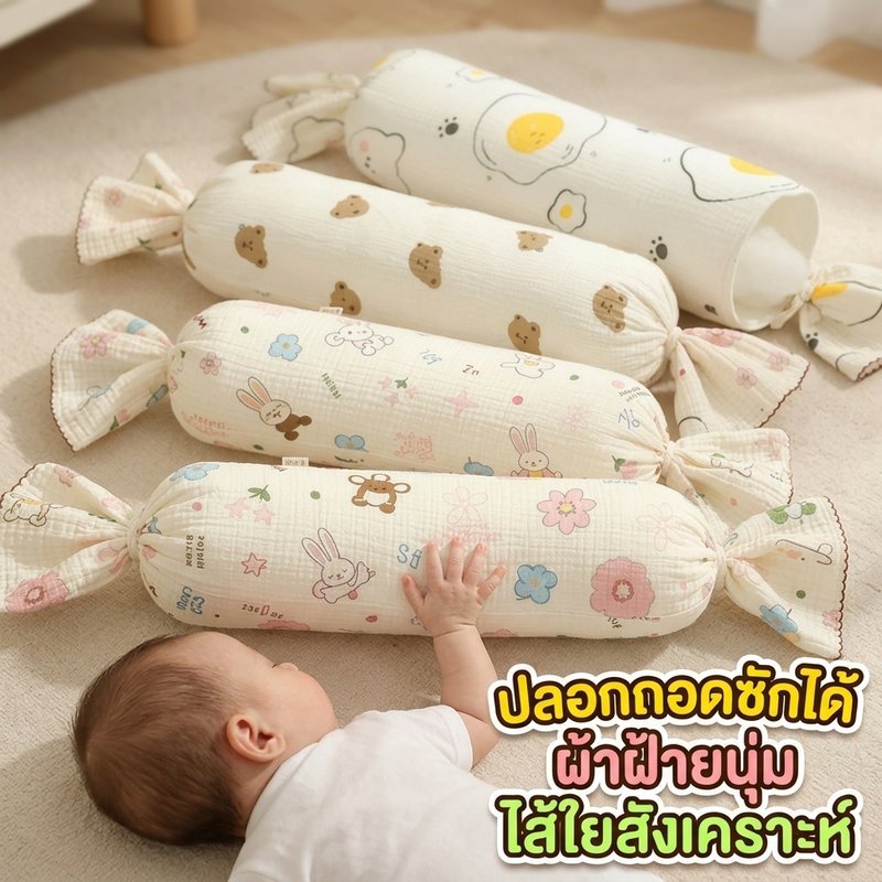 หมอนข้างเด็กแรกเกิด หมอนทารก ปลอกถอดซักได้ ผ้าฝ้ายนุ่ม ใยสังเคราะห์ รองนอนเด็กเล็ก ลายน่ารัก