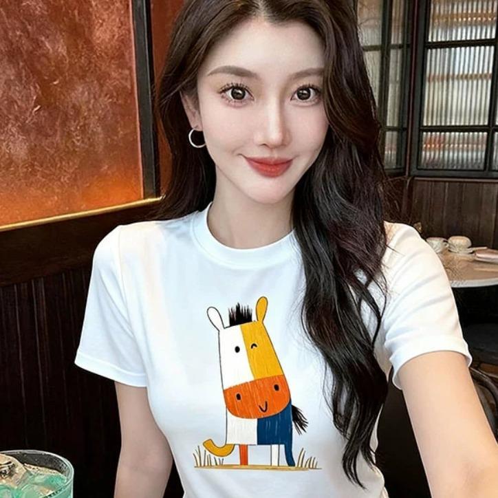 เสื้อยืดเข้ารูป สไตล์เกาหลี ผ้ายืดยูนิ สกรีนลายเต็ม ทรงสวย สาวอวบใส่ได้ ผ้าใส่สบาย รุ่น เข้ารูป ผ้าระบายอากาศเย็น ทุกวัน