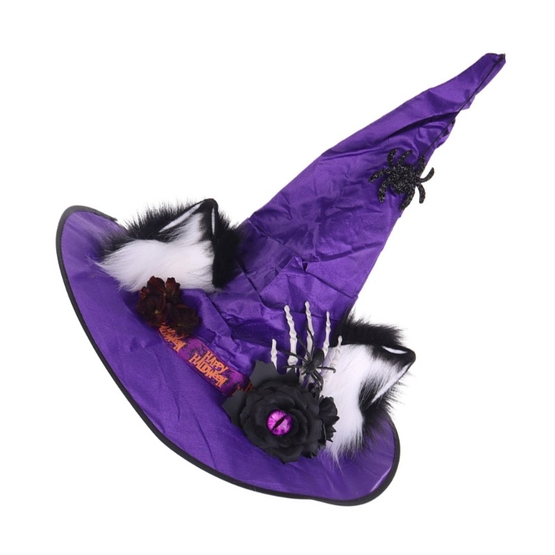 Gothic Witch Hat With Furry Animal Ears For Halloween Party Cosplay Costume