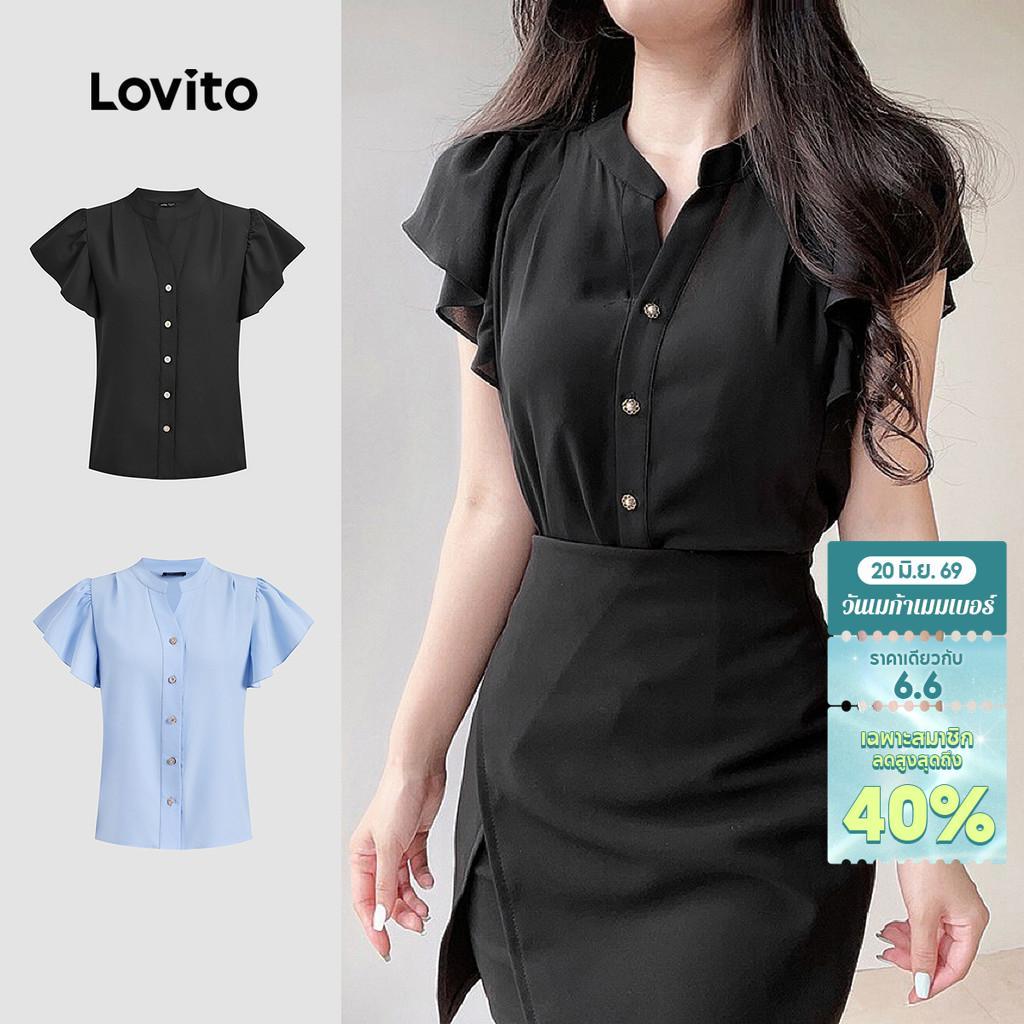 Lovito Elegant เสื้อเบลาส์ลำลองผู้หญิง ทรงเรียบ ติดกระดุม ระบาย ฤดูร้อน/ฤดูใบไม้ผลิ L129AD1030