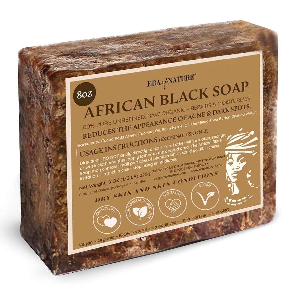 ยุคแห่งธรรมชาติ Best Raw ORGANIC AFRICAN BLACK SOAP สําหรับผิวแห้งและปรับสภาพผิว ส่วนผสมบริสุทธิ์และ
