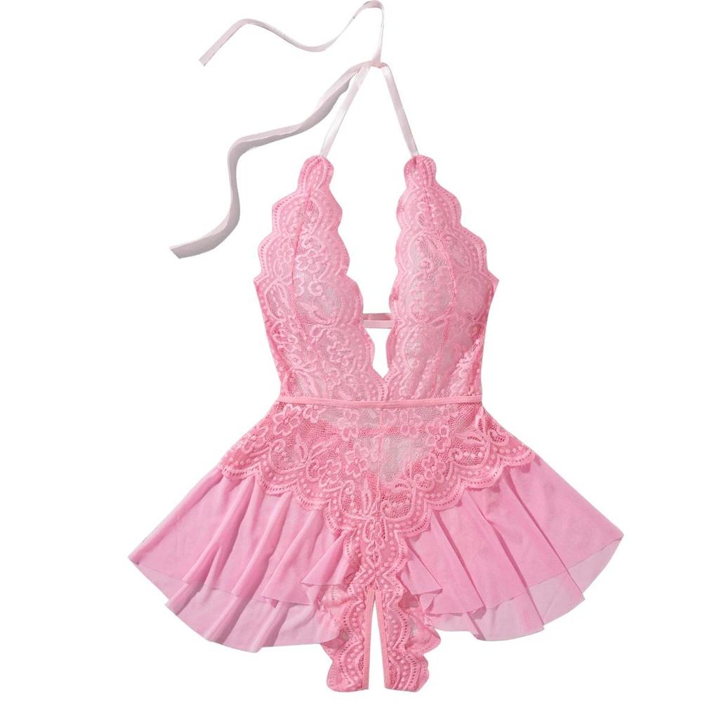 XE Pink Halter Lingerie Outfits Women Underwear Dress Bodysuit Sexy Jumpsuit