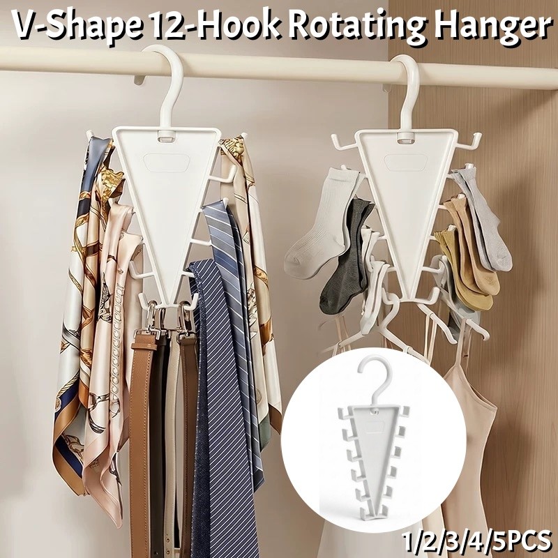 5PCSV-Shape 12-Hook ไม้แขวนเสื้อหมุนได้ 360° ประหยัดพื้นที่ตู้เสื้อผ้าออแกไนเซอร์อเนกประสงค์ตู้เสื้อผ้าชั้นเก็บสําหรับผ้าหมวกผ้าพันคอบ้านและหอพัก สิ่งจําเป็น