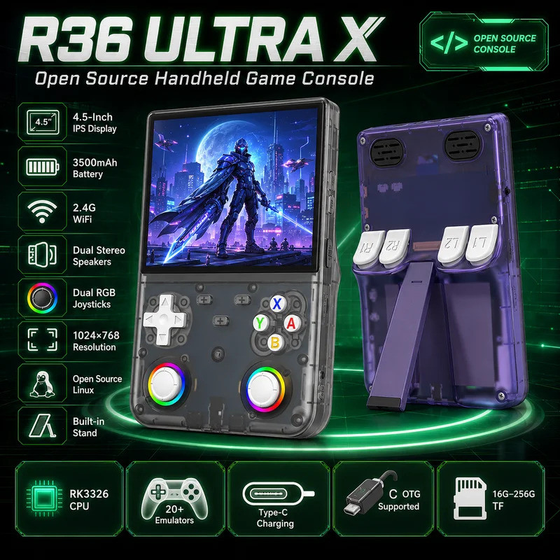 R36 Ultra X เครื่องเล่นเกมแบบพกพา 4.5 นิ้ว IPS OCA หน้าจอ Quad Core CPU 30 + Emulators WiFi การสั่นสะเทือนคอนโซล Retro