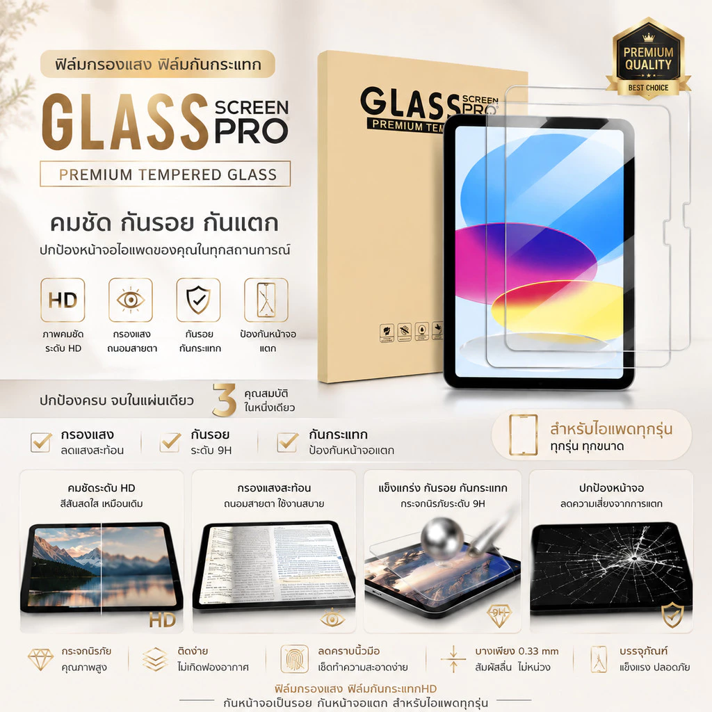 ฟิล์มกรองแสง ฟิล์มกันกระแทกHD กันหน้าจอเป็นรอยกันหน้าจอแตก สำหรับไอแพดทุกรุ่น