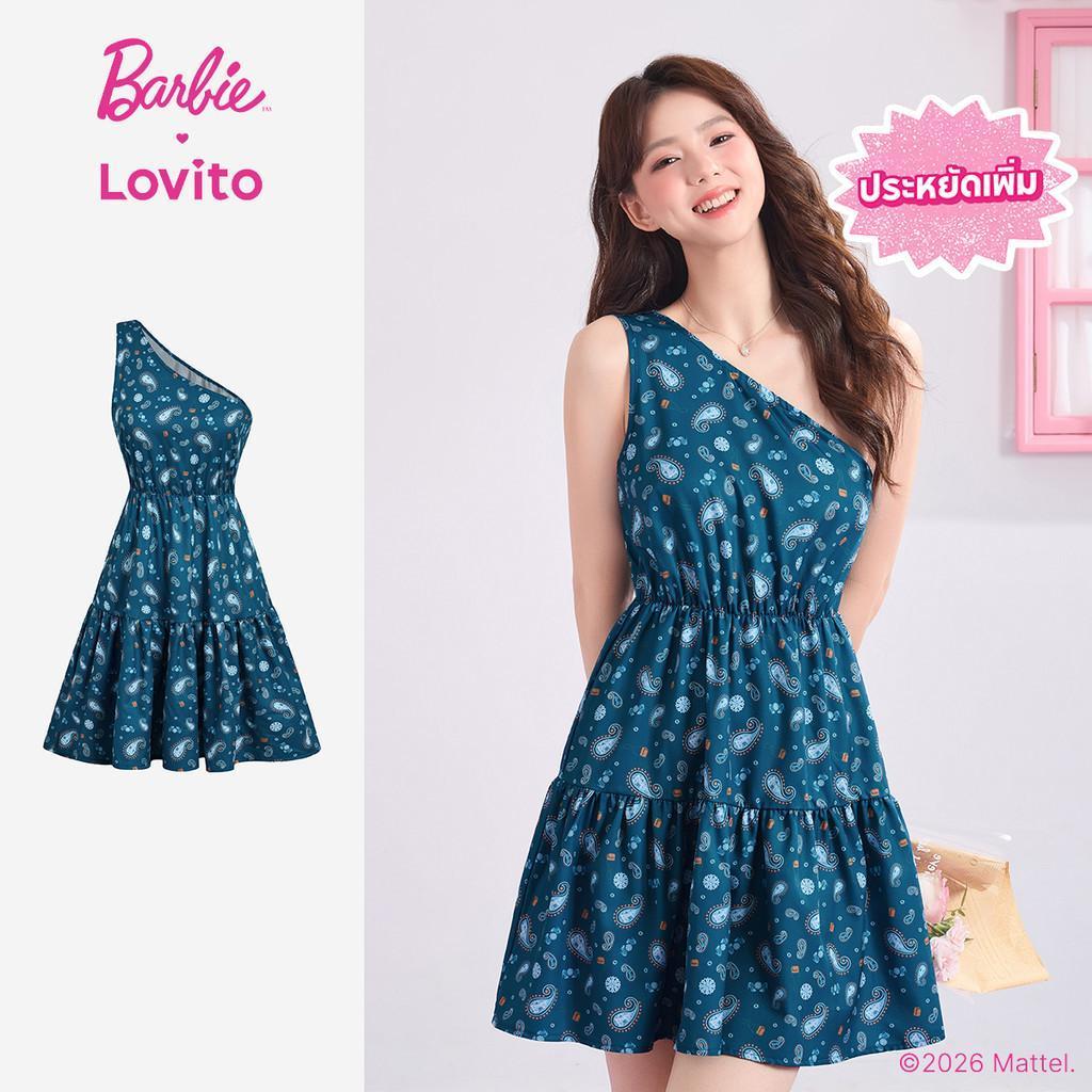 [Summer Sale] Barbie™ X Lovito แพทเทิร์นชุดเดรสลําลองชายระบายชายเสื้อไม่สมมาตรสําหรับฤดูใบไม้ผลิ/ฤดูร้อนสําหรับผู้หญิง DRBL3PAD036
